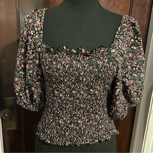 Angie black floral smocked top with square neckline and puff sleeves MEDIUM